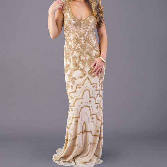 Theia Dresses & Skirts - Theia Ochre Gold Beaded Cap Sleeve V-Neck Full Length Gown Evening Dress, Size 8
